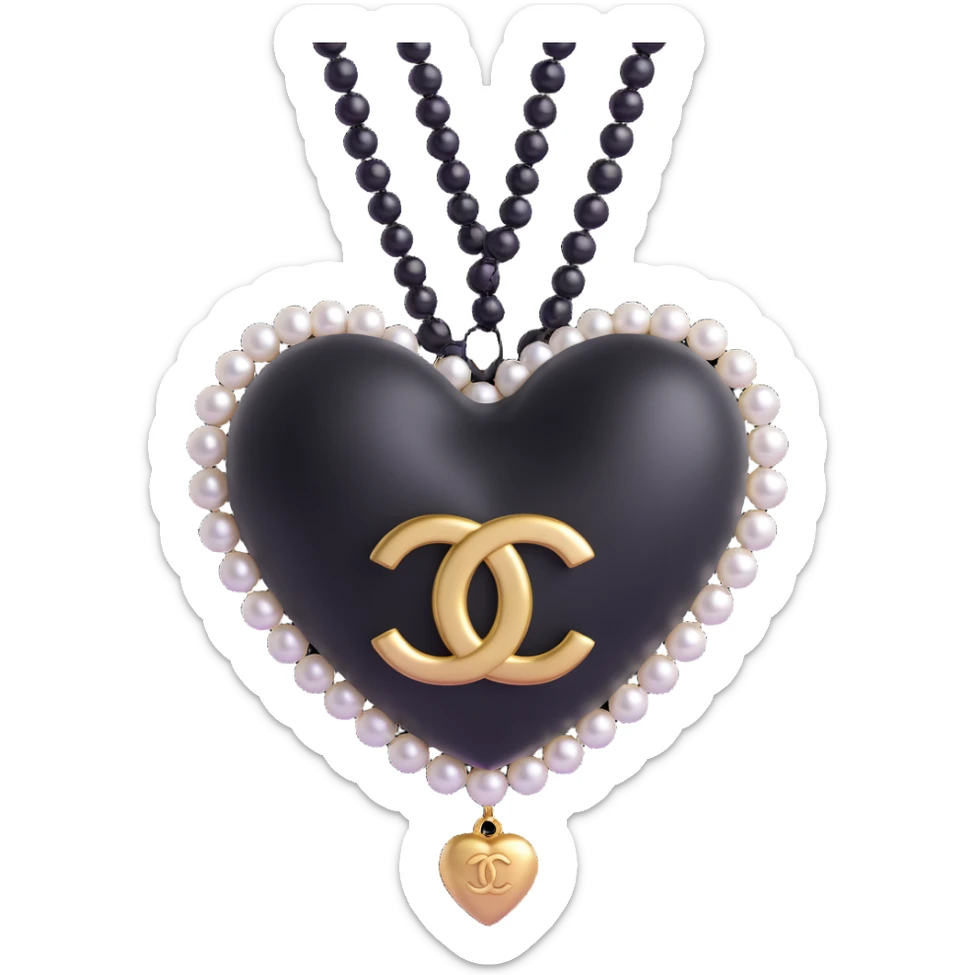 Add a string of pearls around the heart, keep the gold Chanel logo, elegant, glossy, black and white, 3D emoji style, with no background sticker