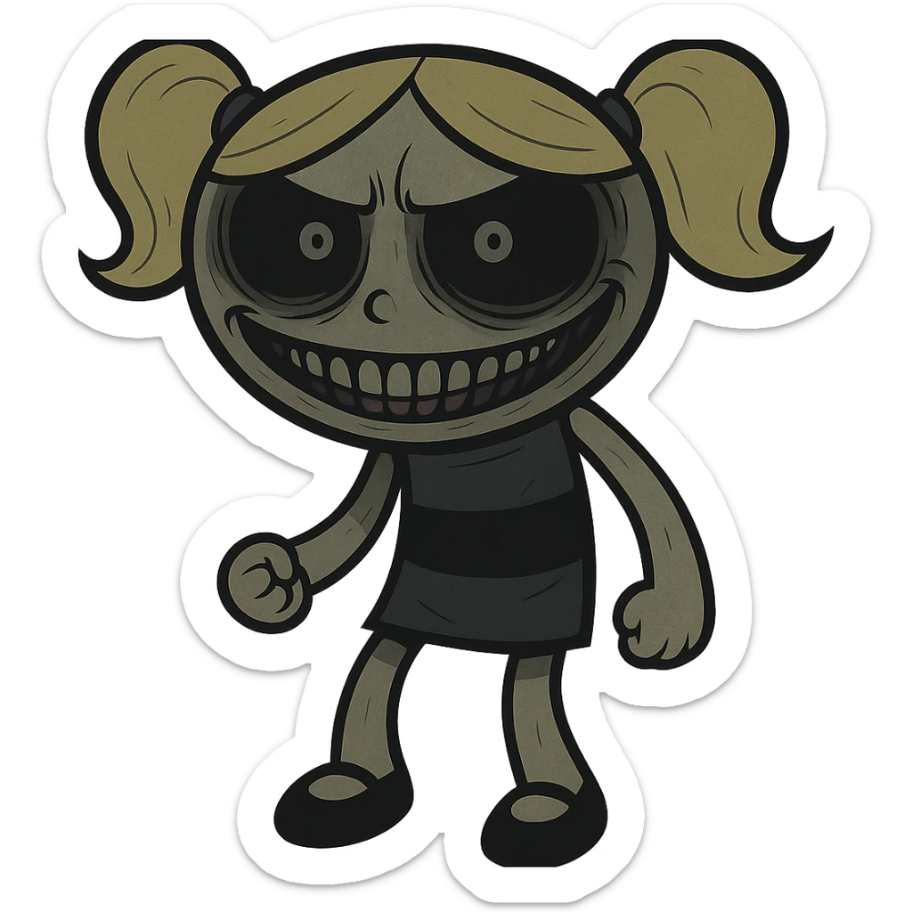 Bubbles from Powerpuff Girls, cartoon style, full body, scary and creepy look, unsettling smile, dark and eerie colors sticker