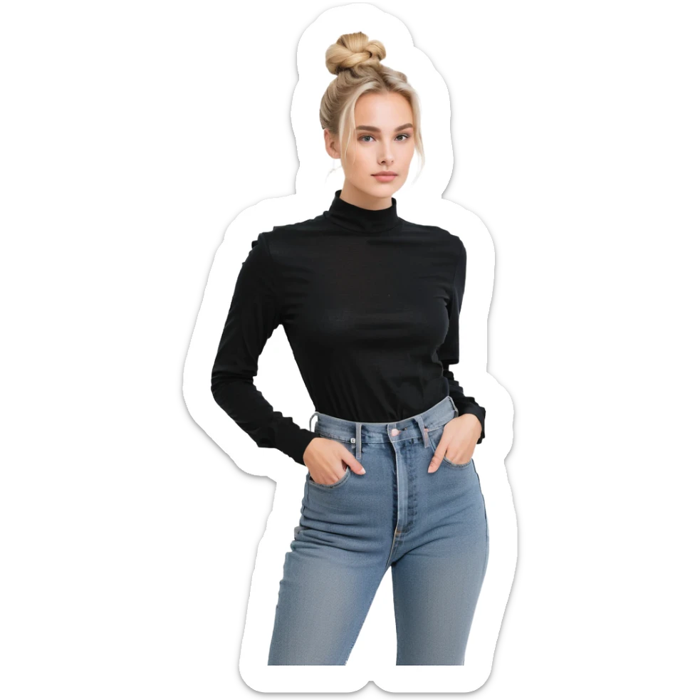 blond woman with bun, long sleeve black shirt, and jeans sticker