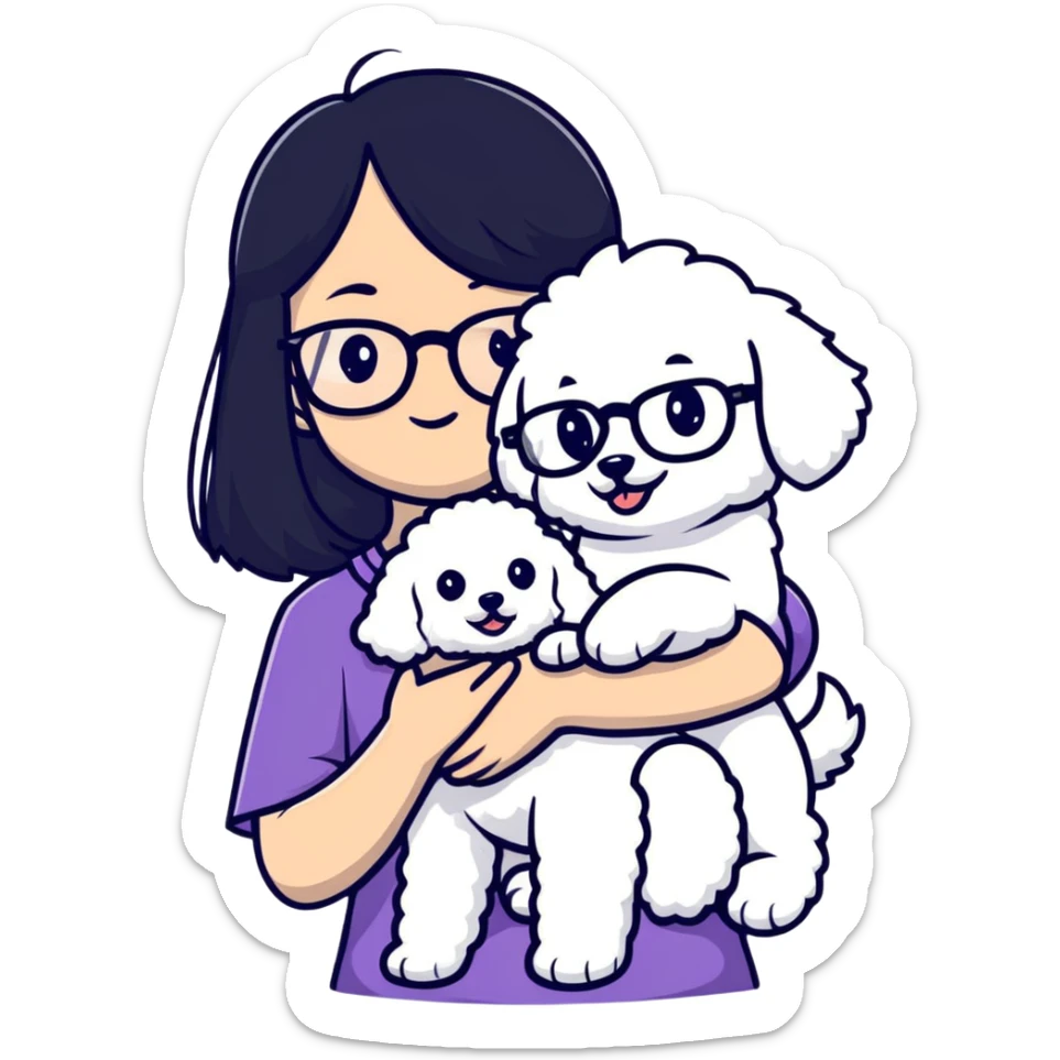 Girl with long black hair and glasses holding a white Bichon Frise dog sticker