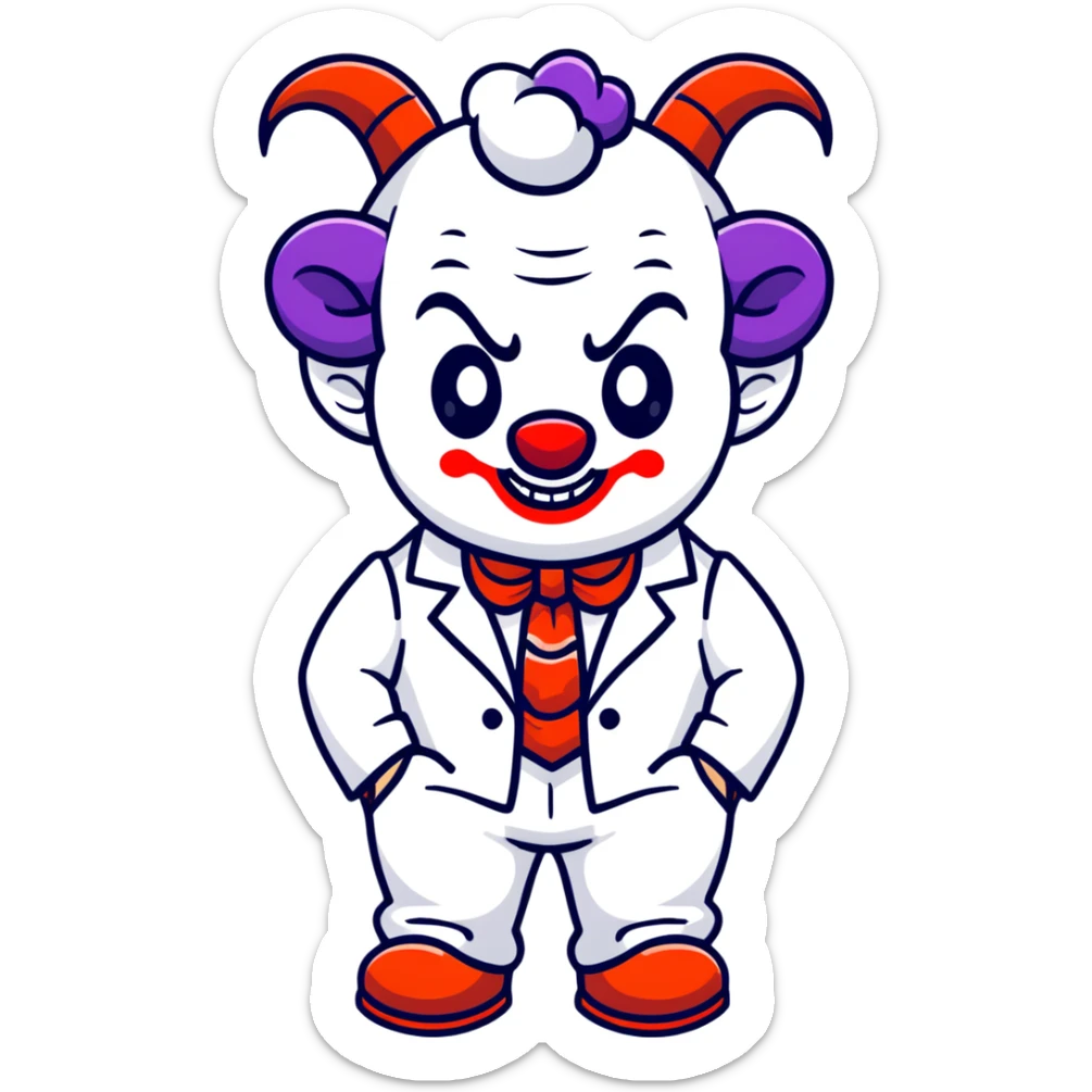 full-body demonic clown in a white leisure suit with bellbottom pants, bald, with black ram horns, wearing elevator shoes, cartoon sticker style sticker