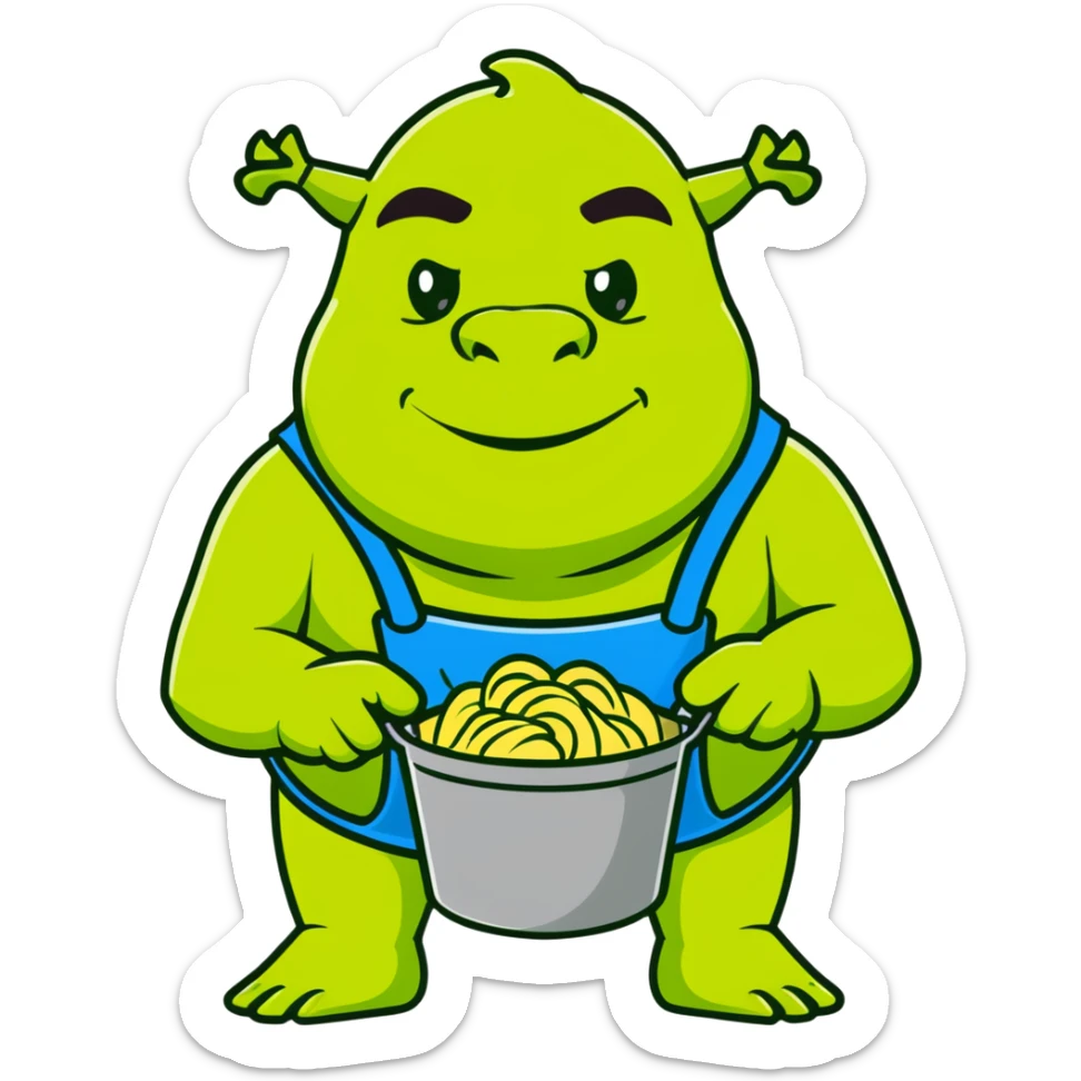 Shrek the green ogre holding a bucket of carbonara pasta sticker
