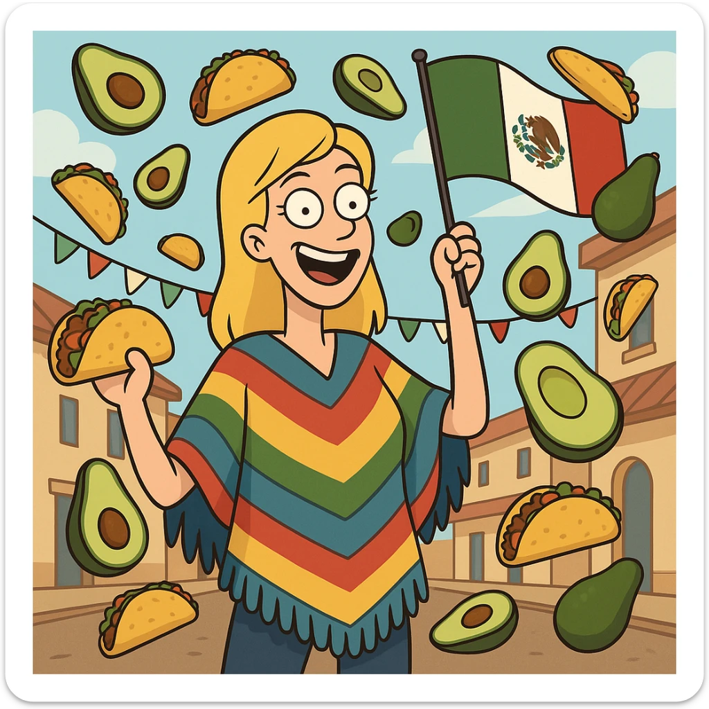 playful cartoon of a tall blonde woman wearing a colorful poncho, smiling, holding a taco and an avocado, waving a Mexico flag, surrounded by tacos and avocados, street party scene sticker