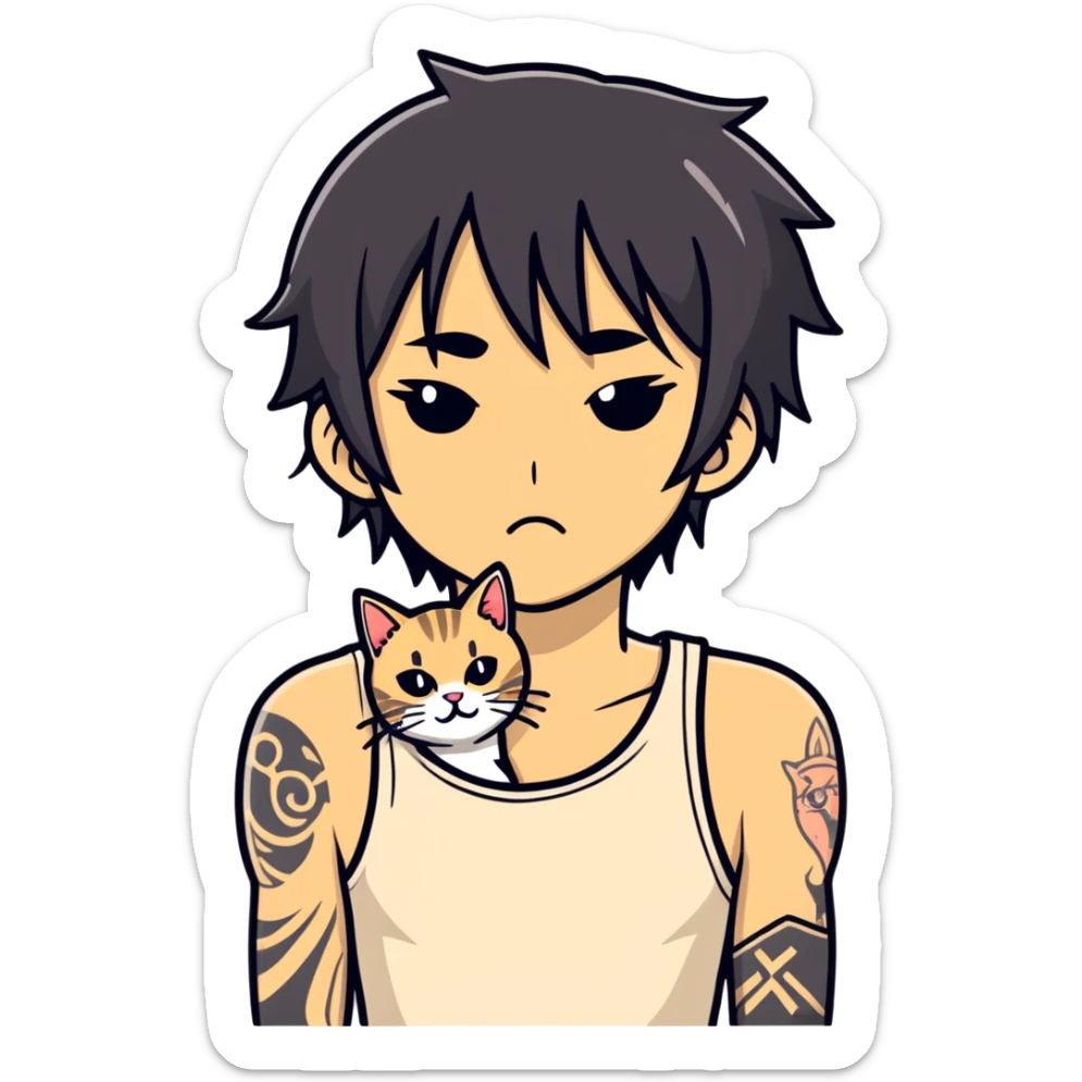 Black person with emo hair that covers his eyes is holding a beige tabby cat in his arms that it’s poking its to tongue out, the guy is tattooed in upper body wearing a white tank top sticker