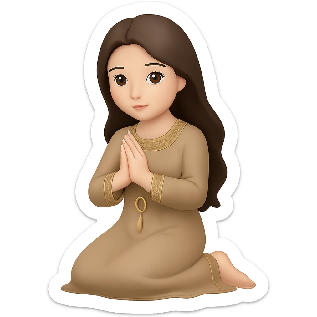 Change the dress color to tan, keep the woman kneeling and praying, long dark brown hair, emoji style, no background. The style should resemble emoji style with simple and clear features. sticker