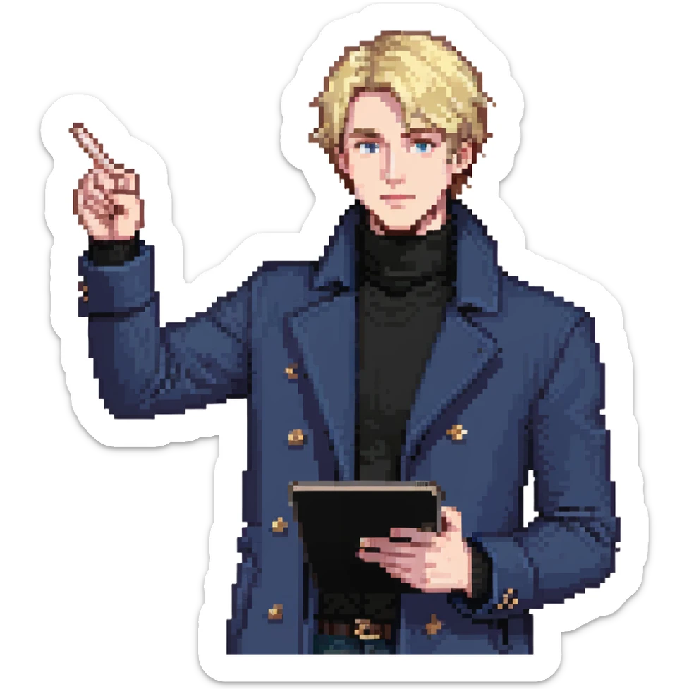 Flat pixel art, bold and charismatic male leader, Caucasian, short neat blonde hair, sharp eyes, indigo coat over black turtleneck, one arm raised pointing out, holding tablet, waist-up, front-facing sticker