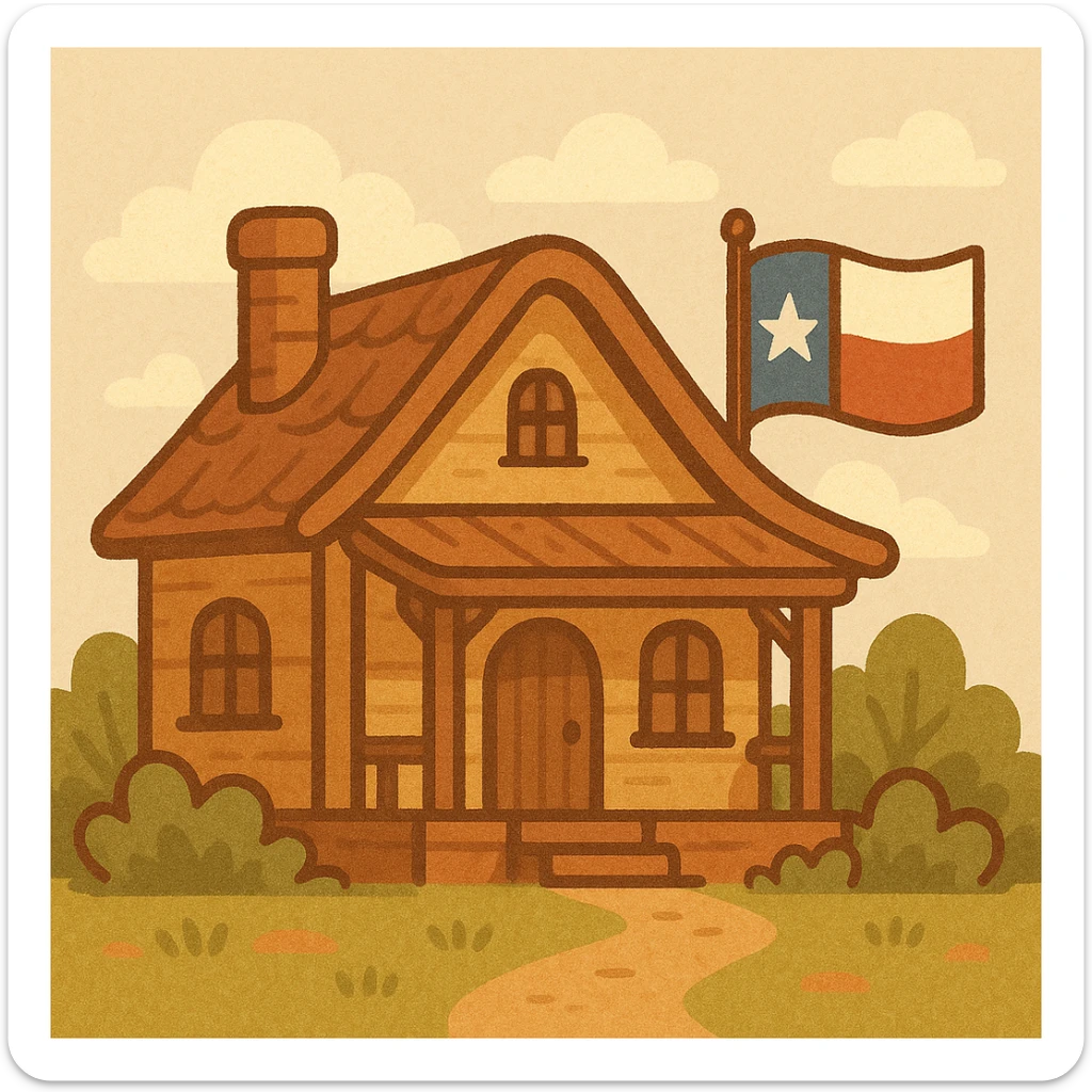 A cozy house with a Texas flag, western style, warm colors sticker