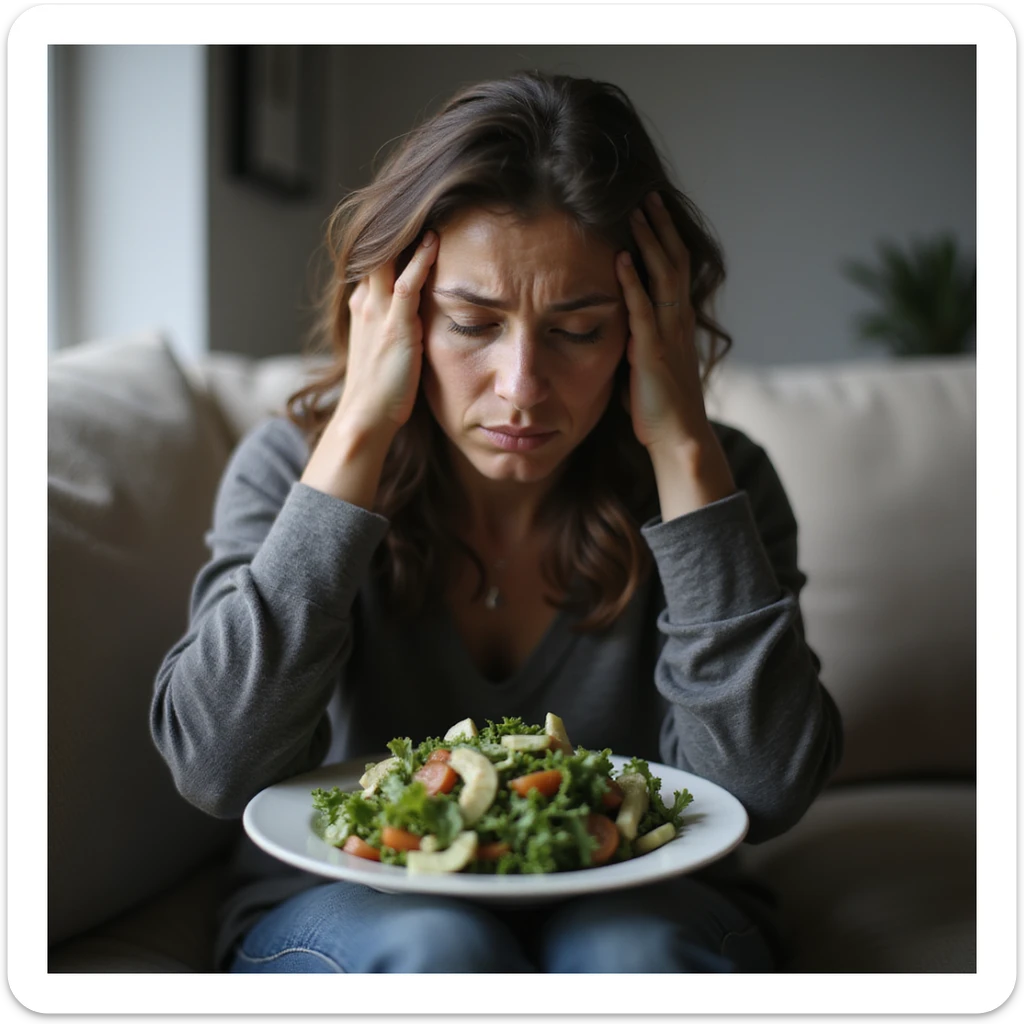 adult woman, photorealistic, ineffective diet, sad face with hands in hair, sitting on sofa with plate of salad, melancholic atmosphere, natural light, home background sticker