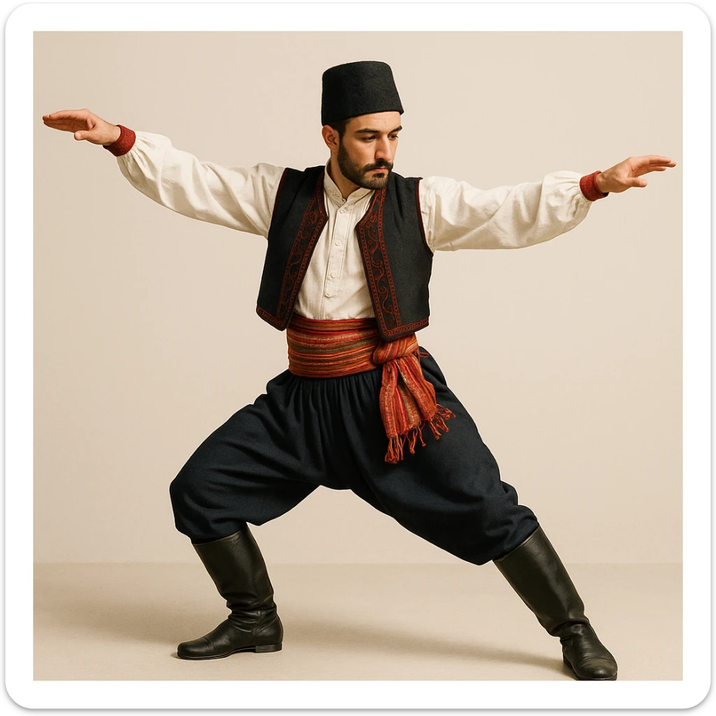 Konyalı adam, folklorik dans pozunda, geleneksel kıyafet, Konya şapkası, sade arka plan sticker