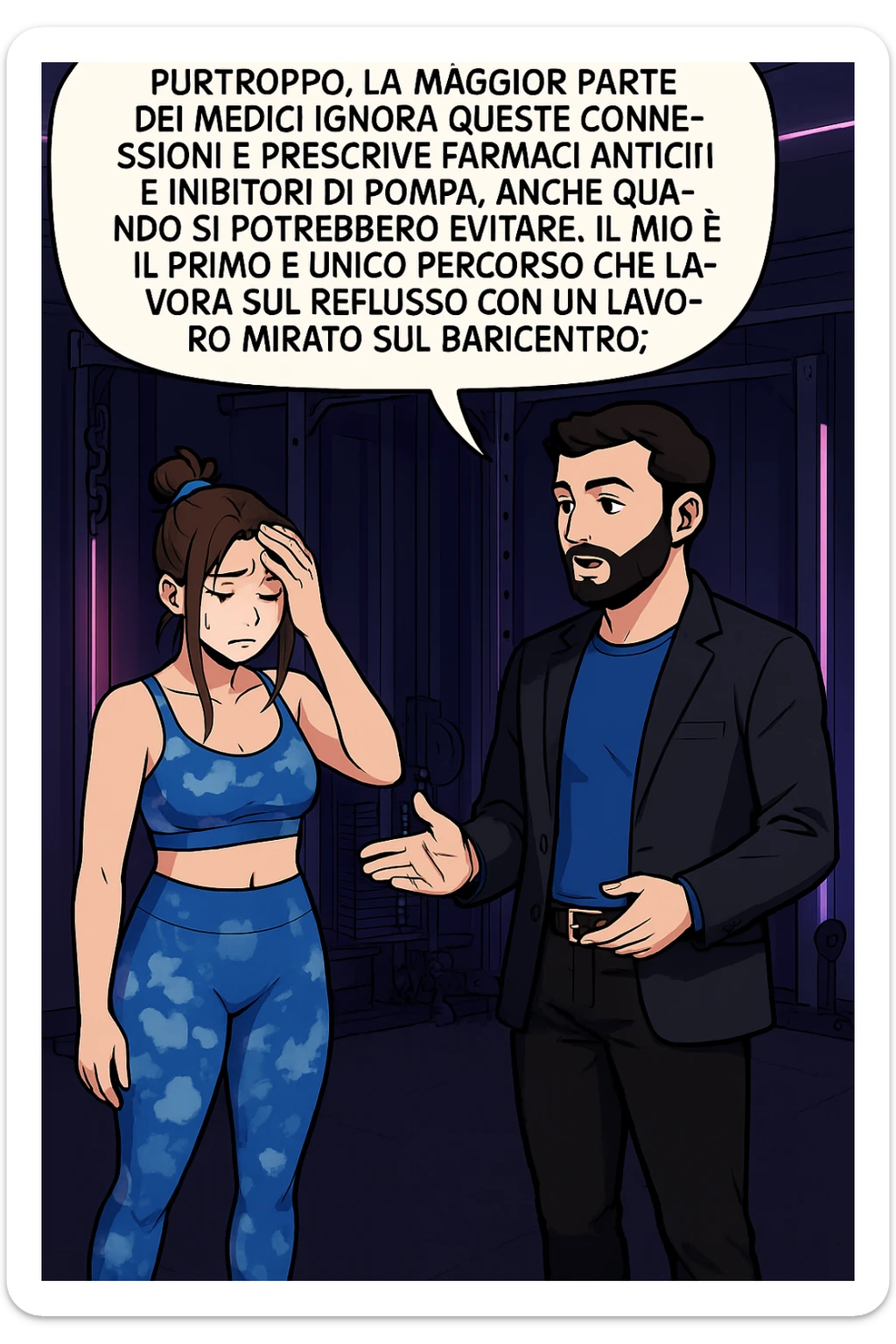 TRASFORMA QUESTO CAROSELLO IN UN FUMETTO STILE WEBTOON/MANGA A COLORI CON QUESTE DUE PERSONE IDENTICHE CHE INTERLOQUISCONO TRA LORO, L'uomo sta spiegando alla donna questo concetto MENTRE LA DONNA SI TIENE la mano sulla fronte sconcertata:

LUI (UOMO): Purtroppo, la maggior parte dei medici ignora queste connessioni e prescrive farmaci antiacidi e inibitori di pompa, anche quando si potrebbero evitare.
Il mio è il primo e unico percorso che lavora sul reflusso con un lavoro mirato sul baricentro; sticker