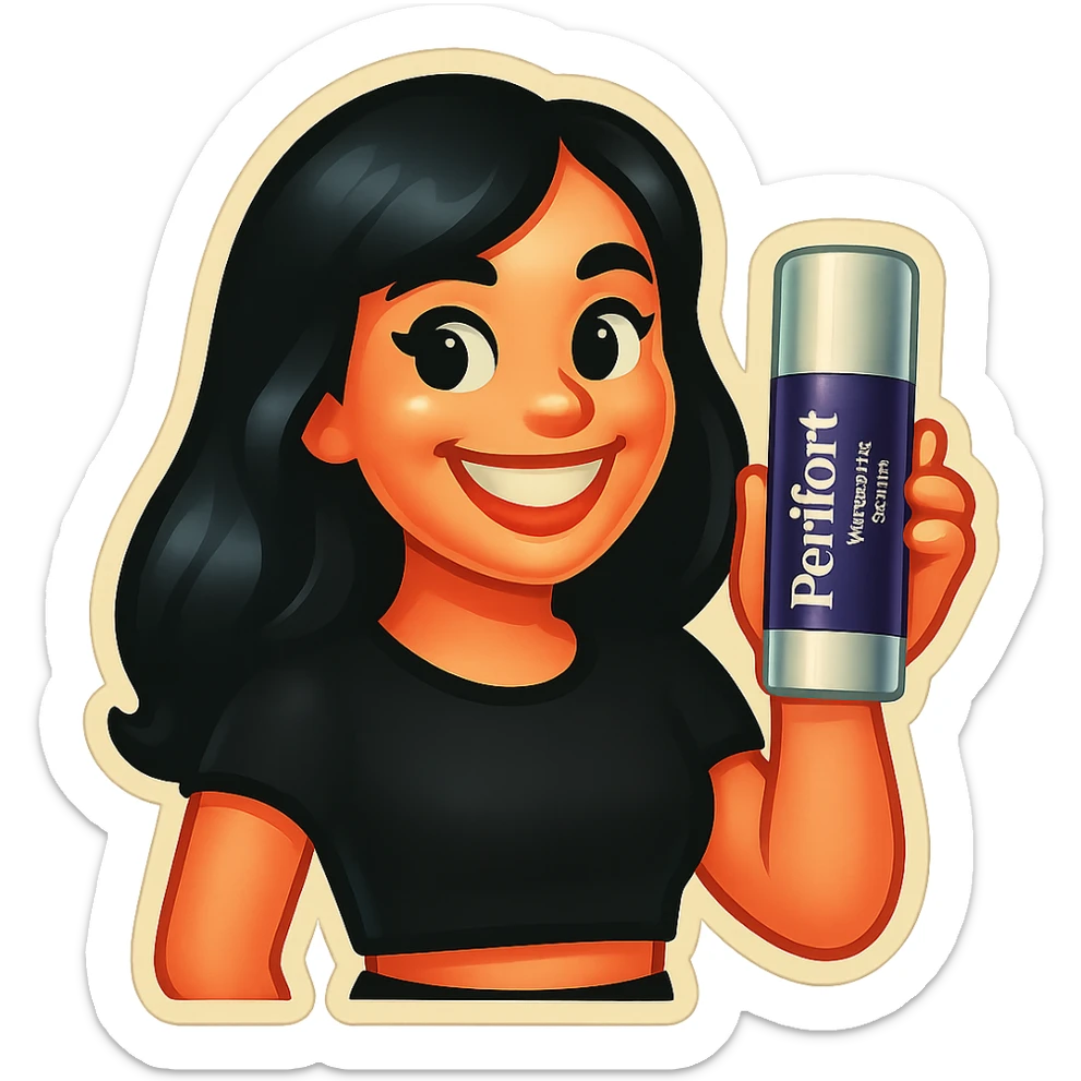 Create an emoji style image of a fair-skinned girl with beautiful black hair, wearing a black crop top, showing a big white smile, holding the exact whitening serum bottle as shown in the reference photo. Render this in the Genmoji emoji style with a transparent background. sticker