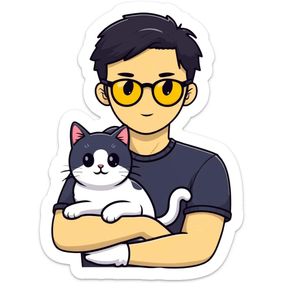 A young man with a long face and warm yellow-toned skin, black hair, wearing a pair of black glasses, cradling a grayish-white cat sticker