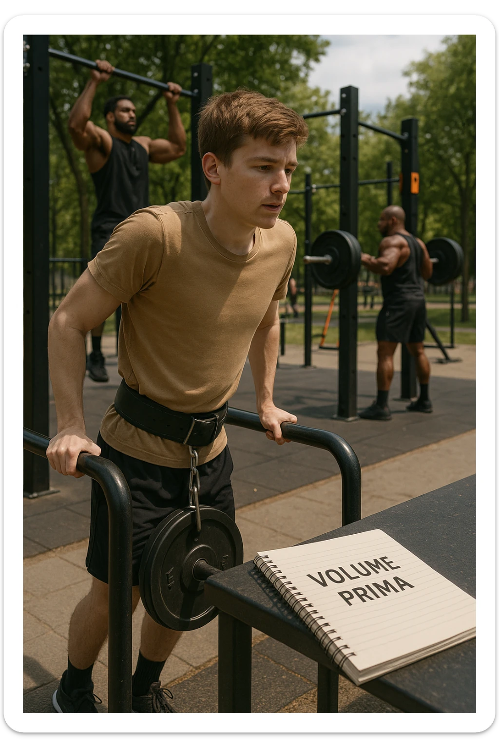 Atleta neofita giovane in un parco attrezzato per streetlifting, fisico ancora in fase iniziale. È intento a eseguire molte ripetizioni di esercizi a corpo libero con pesi leggeri (zavorra moderata), come trazioni e dip su parallele. Accanto a lui un taccuino di allenamento con la scritta 'Volume Prima'. L’atmosfera è luminosa e motivante, con altri atleti più muscolosi che sollevano carichi pesanti, ma lui è concentrato sul gesto tecnico e sulla costanza. Stile realistico, colori naturali, messaggio educativo su priorità all’adattamento progressivo e al volume. sticker