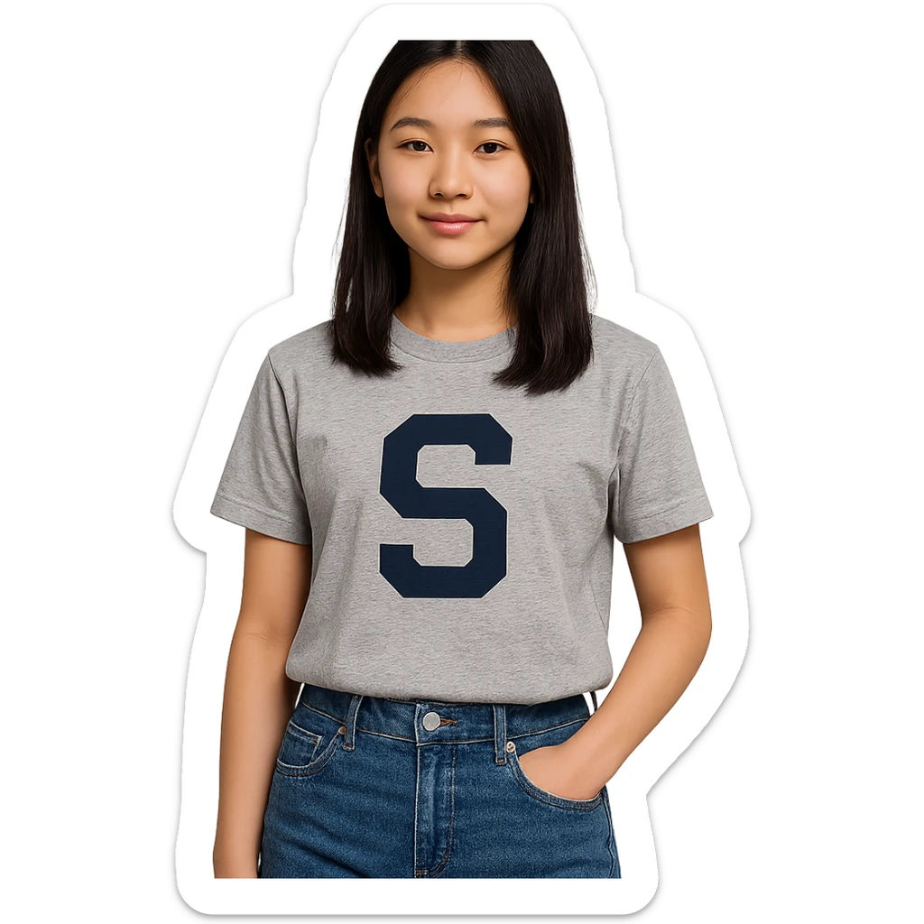 teenage Asian girl with an S on her shirt, modern casual style, simple background sticker