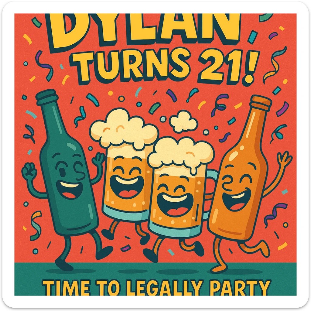 Digital birthday card for Dylan's 21st birthday with a wild party vibe, cartoon alcohol characters like dancing bottles and laughing beer mugs, headline 'Dylan Turns 21!', bright festive palette, and a humorous message about legal drinking. sticker