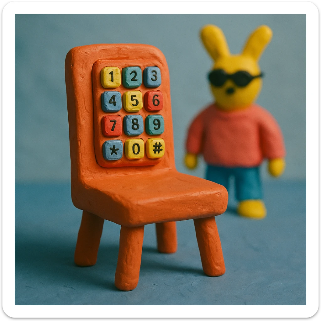 claymation style chair with DTMF buttons, Bad Bunny energy, album cover sticker