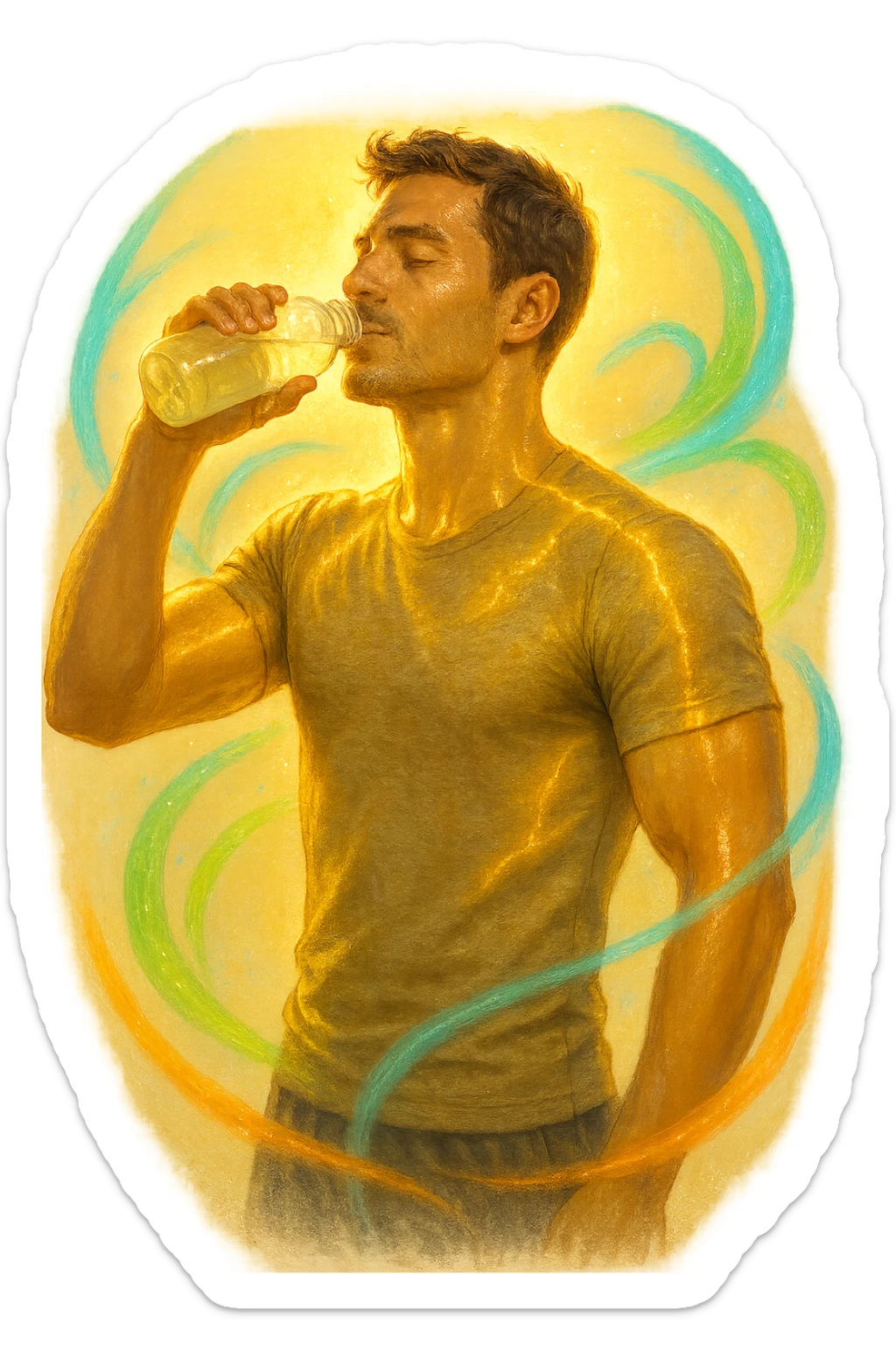 Uomo atletico sui 30 anni, al mattino presto, mentre beve una bevanda trasparente ricca di elettroliti da una borraccia. Il suo corpo è illuminato da una luce naturale dorata e mostra una leggera aura energetica attorno ai muscoli, simbolo di rigenerazione e recupero. Espressione rilassata e vitale, pelle idratata e luminosa. Intorno a lui flussi leggeri e colorati (blu, verde, arancio) rappresentano il bilanciamento degli elettroliti: sodio, potassio, magnesio. Ambiente naturale o cucina moderna minimalista. Atmosfera positiva, pulita e rinvigorente. sticker
