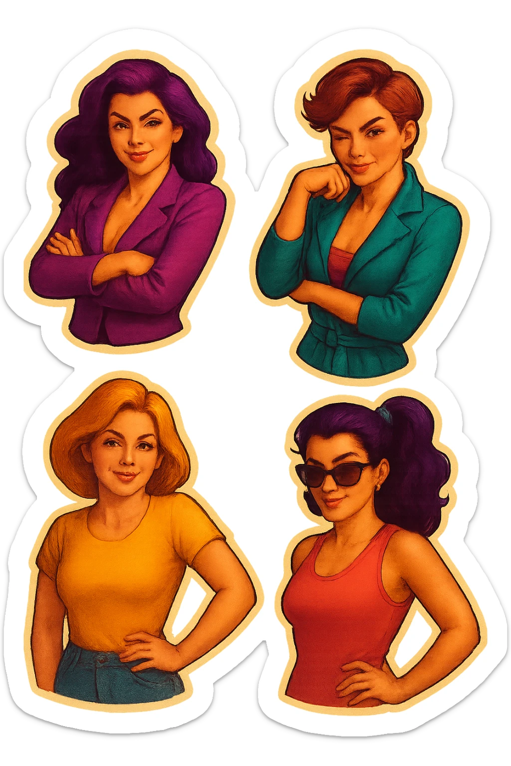 lesbian sticker pack - women who made it for women who love women - bossy dominative style, assertive mood, more tempting and quirky, add more emotions, retro stickers style sticker