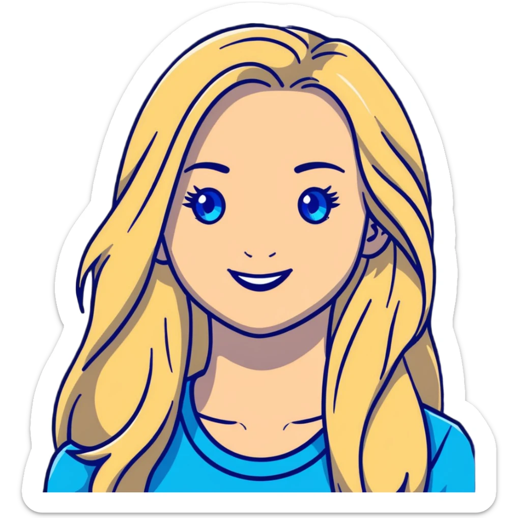 portrait of a smiling female with long blonde hair and blue eyes sticker