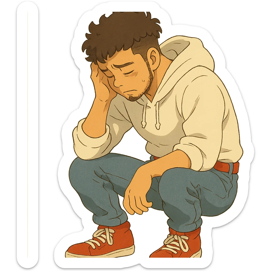 1 male, mid fade haircut dark chestnut brown curly hair, toasted lightskin, white hoodie sleeves up, fashion jeans, red fashion-sneakers shoes, red belt, short trimmed beard and goatee,  style of deku from "my hero academia", doing a "sad" pose sticker