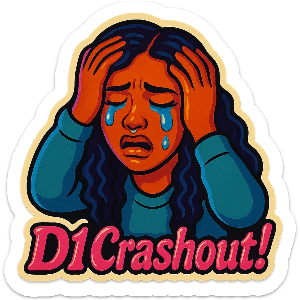 Crying Holding head 
add the wordsD1 Crashout!  in pink  sticker