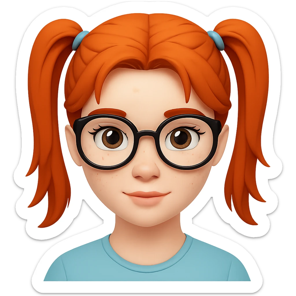 Add glasses to the freckled woman with ponytail in emoji style. Remove the background. sticker