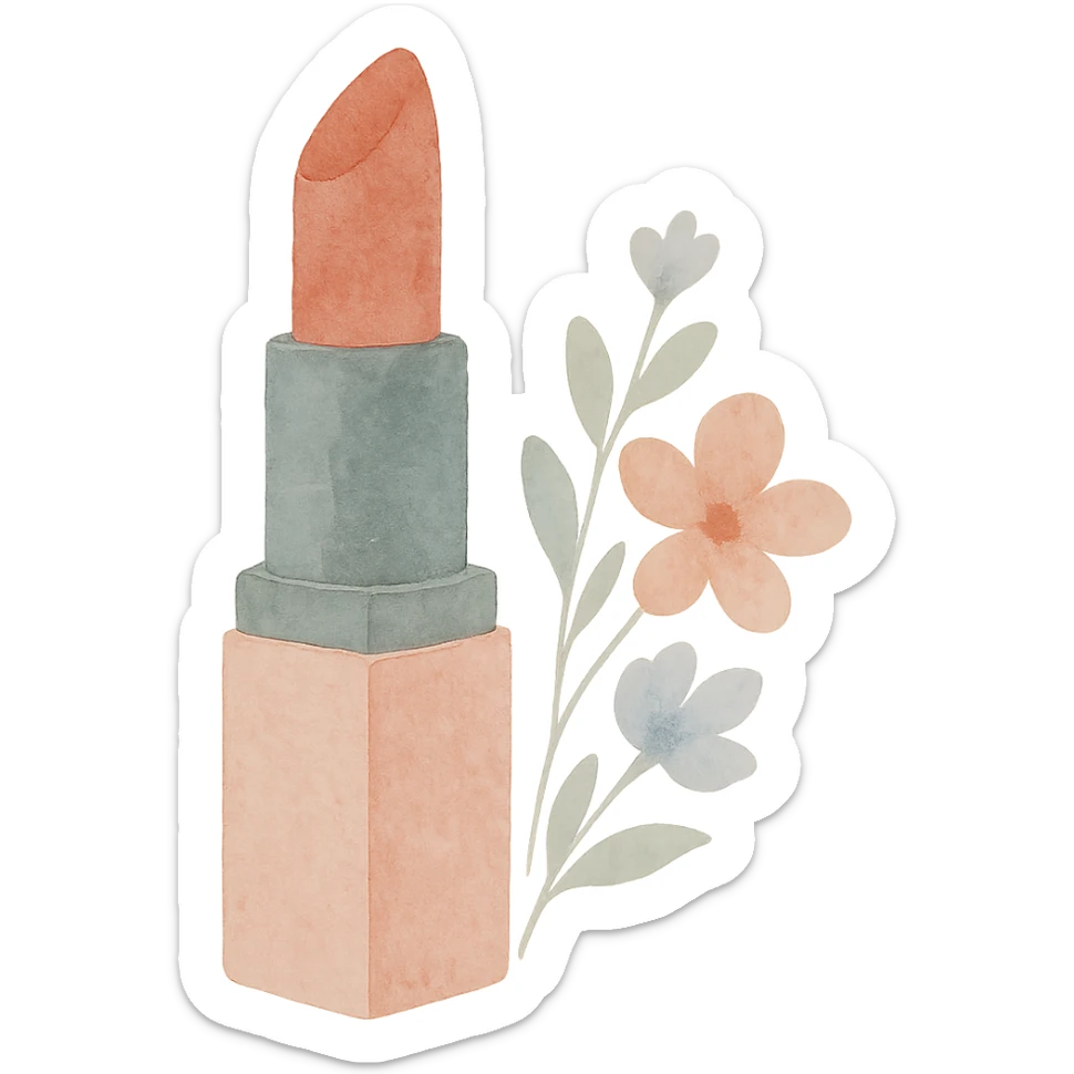 lipstick emoji, watercolor art style with floral details sticker