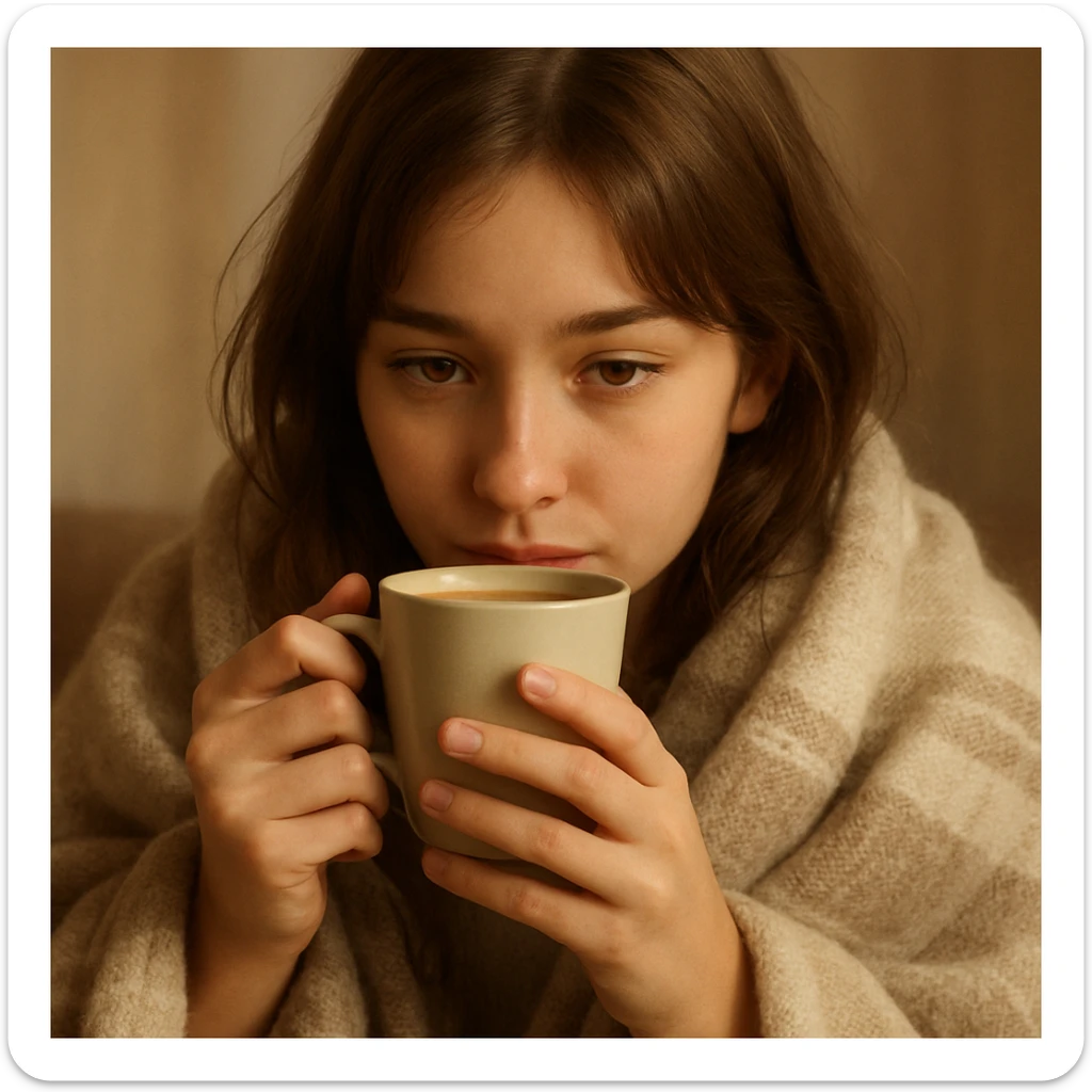 girl with brown hair and light brown eyes drinking coffee from a cup, wrapped in a blanket, soft and warm atmosphere sticker