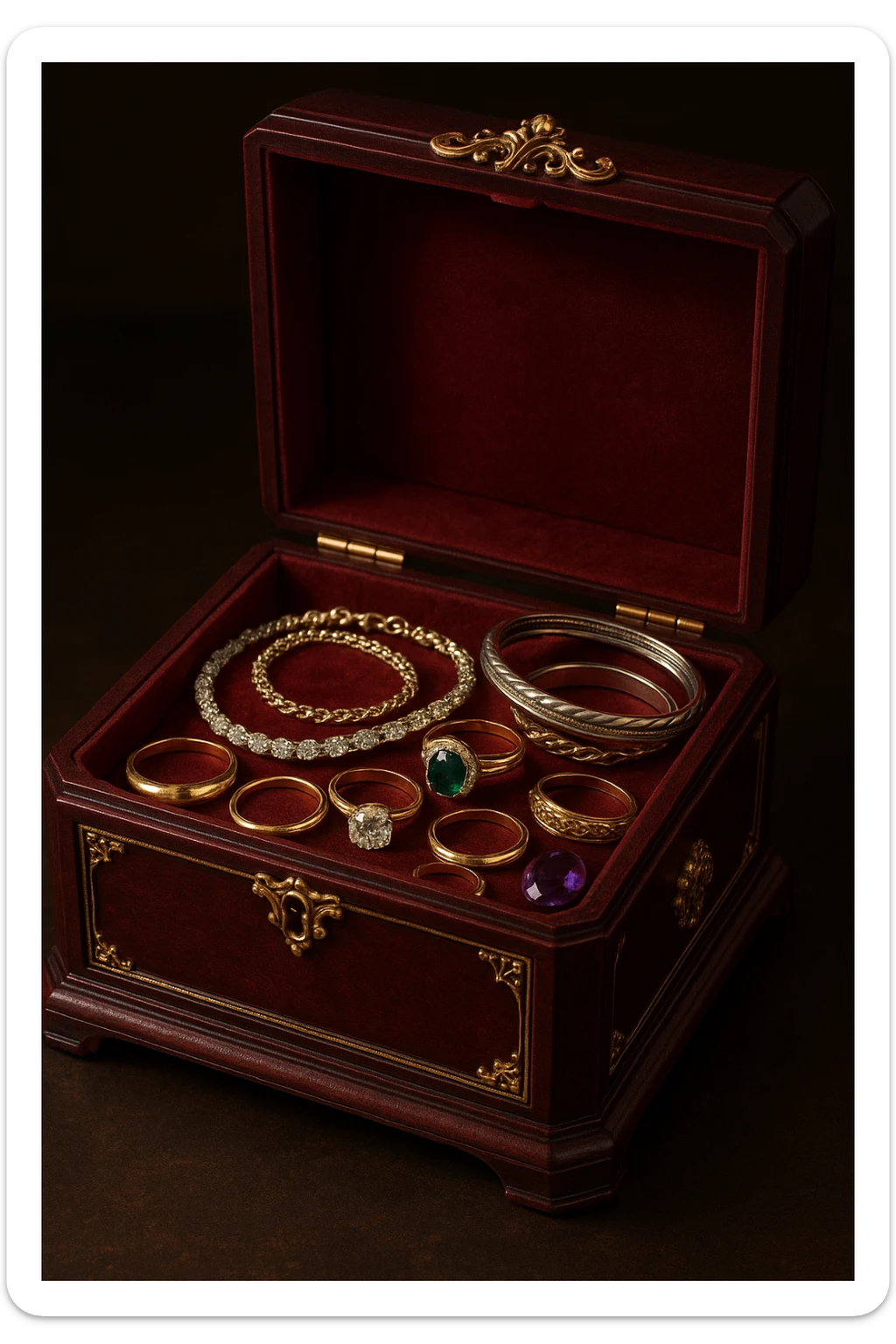 a dark red jewelry box filled with assorted jewelry, elegant and detailed sticker