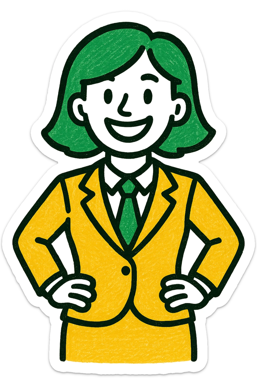 woman in suit, professional style, green gold and white color scheme, bold and clear, suitable for digital use sticker