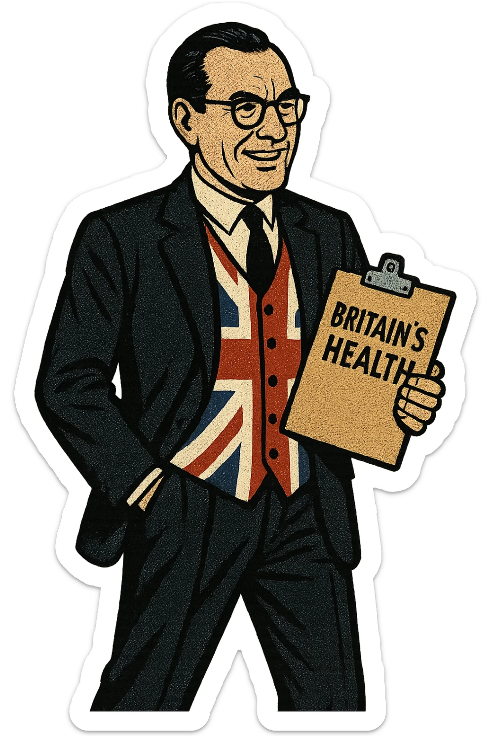 A full body image of a British politician from the 1960s wearing a union jack waistcoat and holding a clipboard with the words 'Britain's Health' written on it. sticker