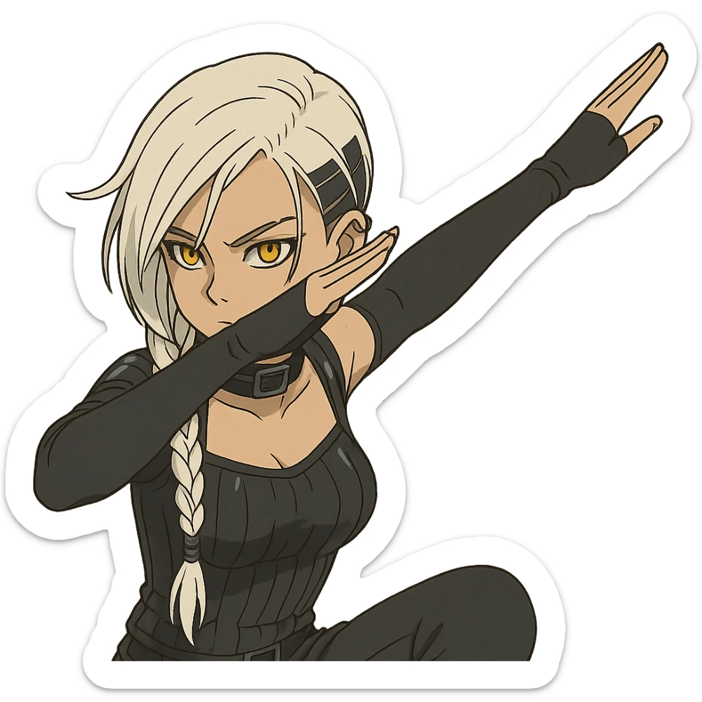 she is dabbing, a closeup portrait of young woman with gold yellow eyes, white hair, long braid, black off-shoulder top d-cup, punk gothic style, futuristic cyberwave cyberpunk, sitting position sticker
