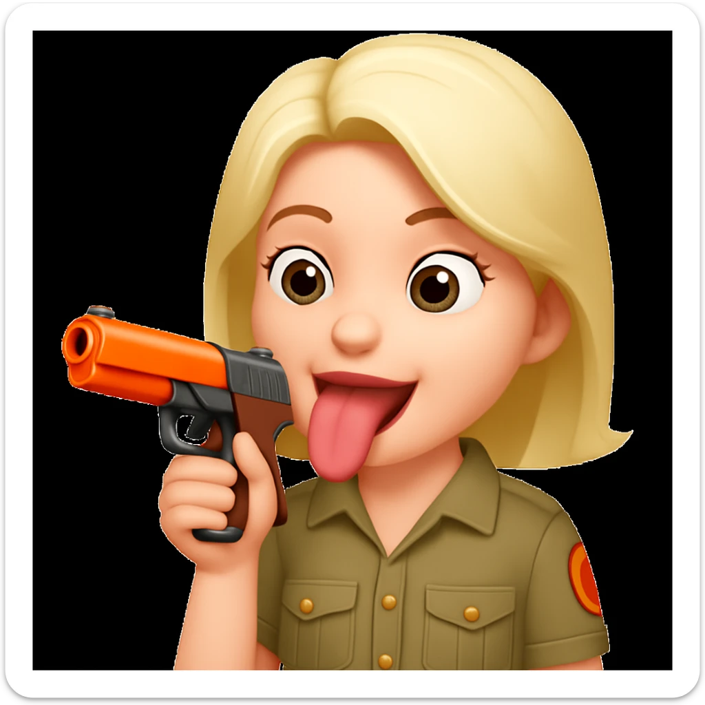 Edit the emoji so it is putting the gun toward its tongue, keeping the playful and cartoonish style. sticker
