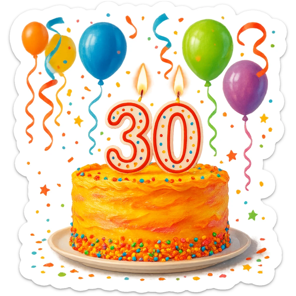 birthday cake with a candle in the form of the number 30, vibrant, party atmosphere, no text on cake sticker