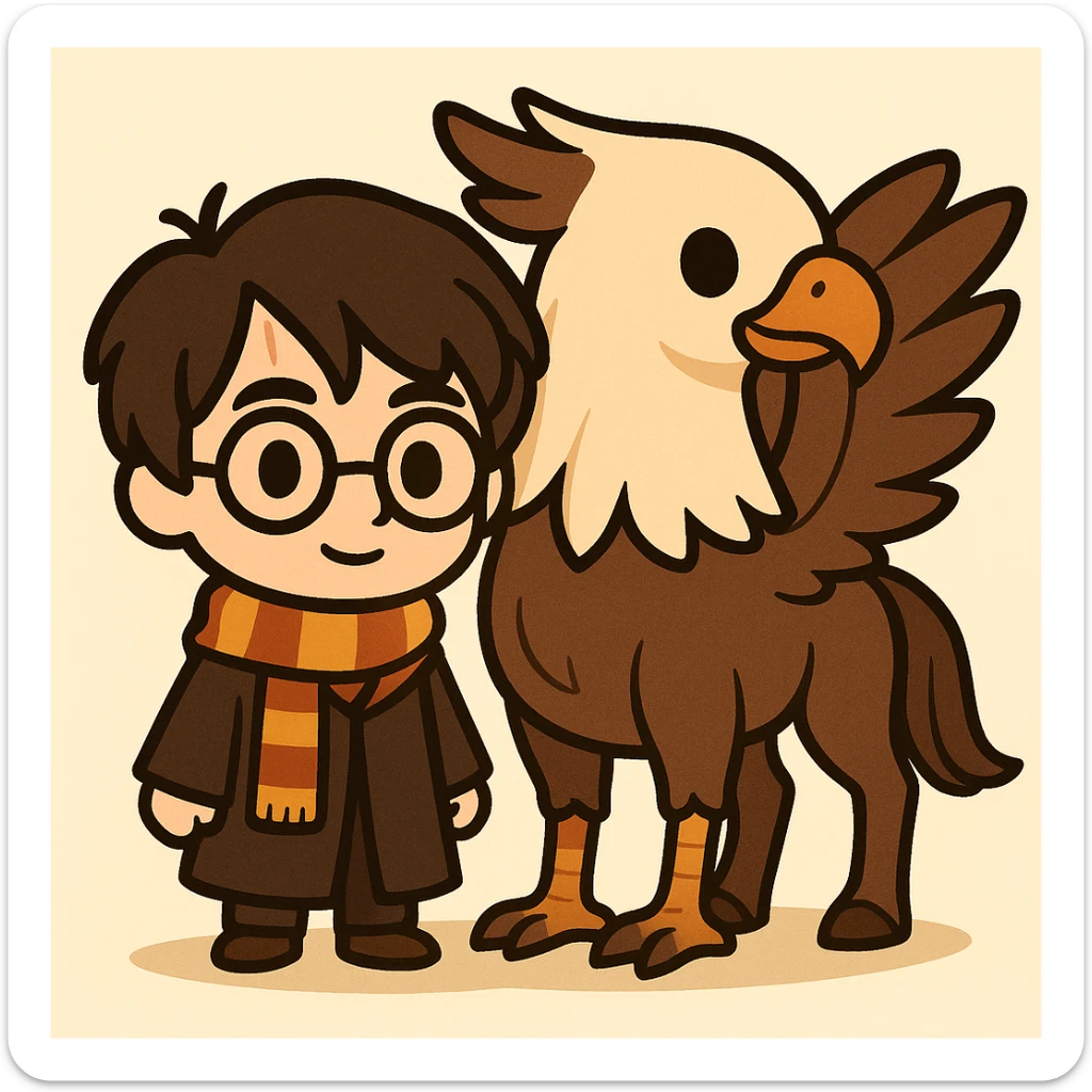 Illustration of Harry Potter and a hippogriff together in a cute, cartoon, simplified style similar to the example. Harry Potter full body with round glasses, scar on forehead, striped scarf, dark brown hair, Hogwarts robe, no wand. Hippogriff next to him with horse body, eagle head and wings, wings clearly visible and proportional, hippogriff clearly larger than Harry Potter. Bold black lines and soft colors. sticker