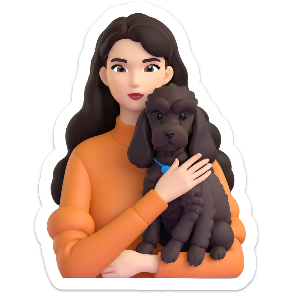 Kendall Jenner with long dark hair holding a brown poodle and a black schnauzer sticker