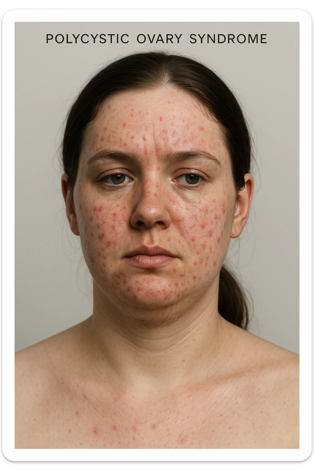 realistic 3D medical portrait of a woman with polycystic ovary syndrome (PCOS), with visible acne and hair under chin, clinical style, anatomical details, 2:3 aspect ratio sticker