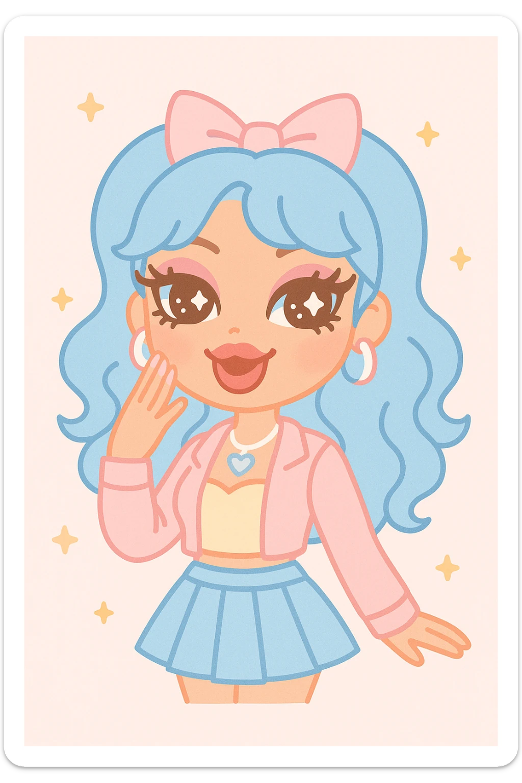bratz baddie, gyaru fashion, blue hair, glamorous makeup, vibrant and cute anime style sticker