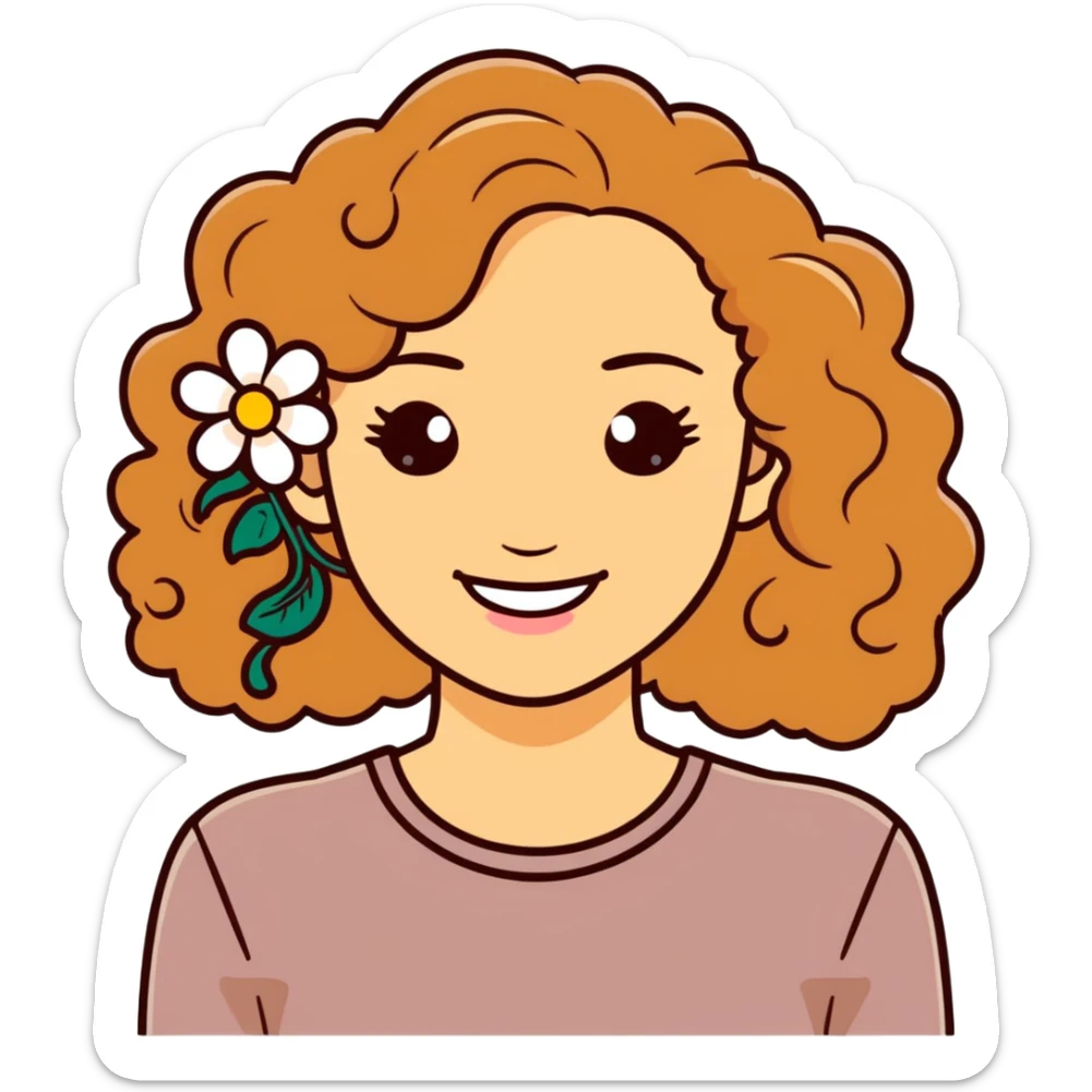 lady with big brown blonde curly hair light skin  with a flower behind her ear smiling  sticker