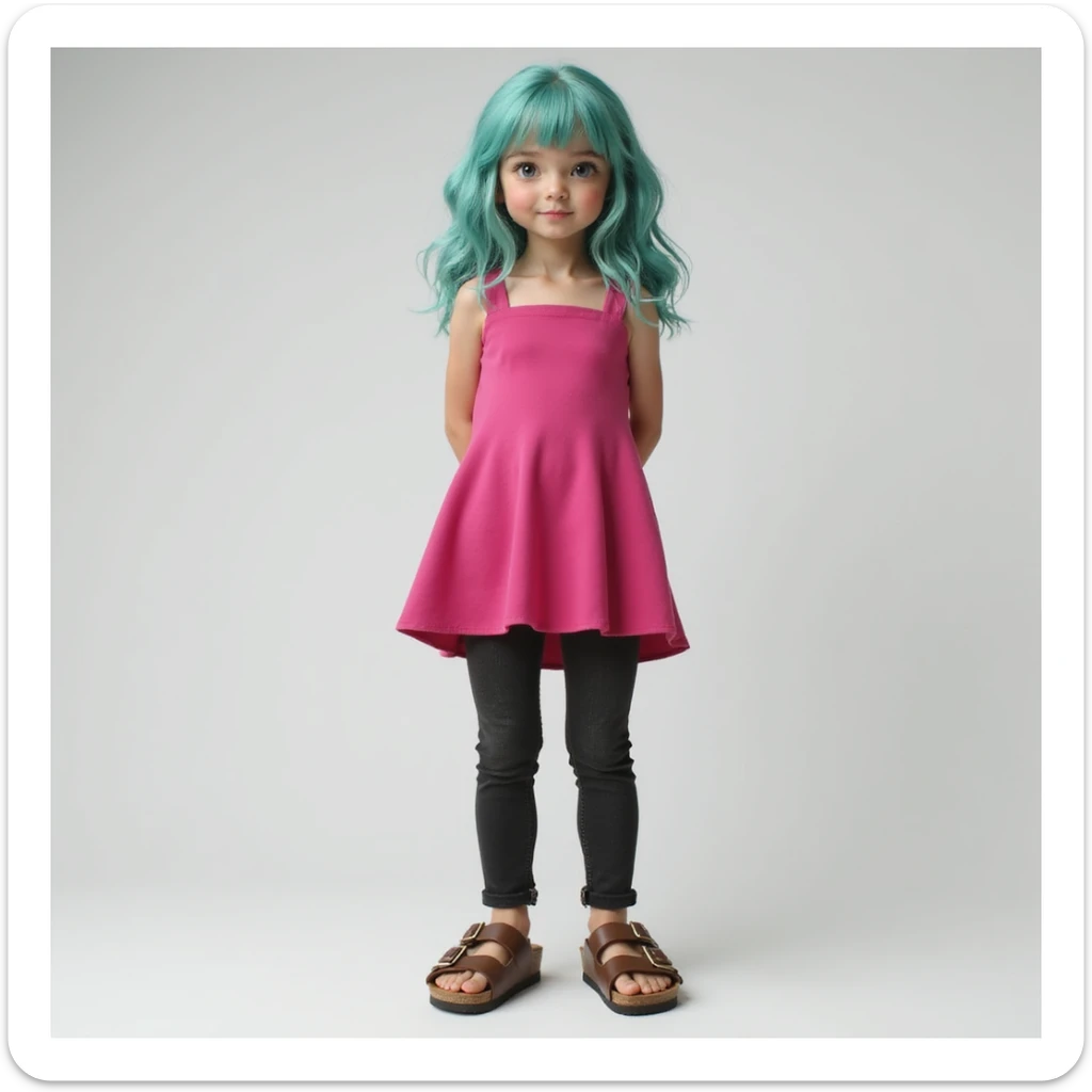 a realistic girl with teal hair, wearing a hot pink dress, black jeans, and brown birkenstocks, studio portrait, photorealistic sticker