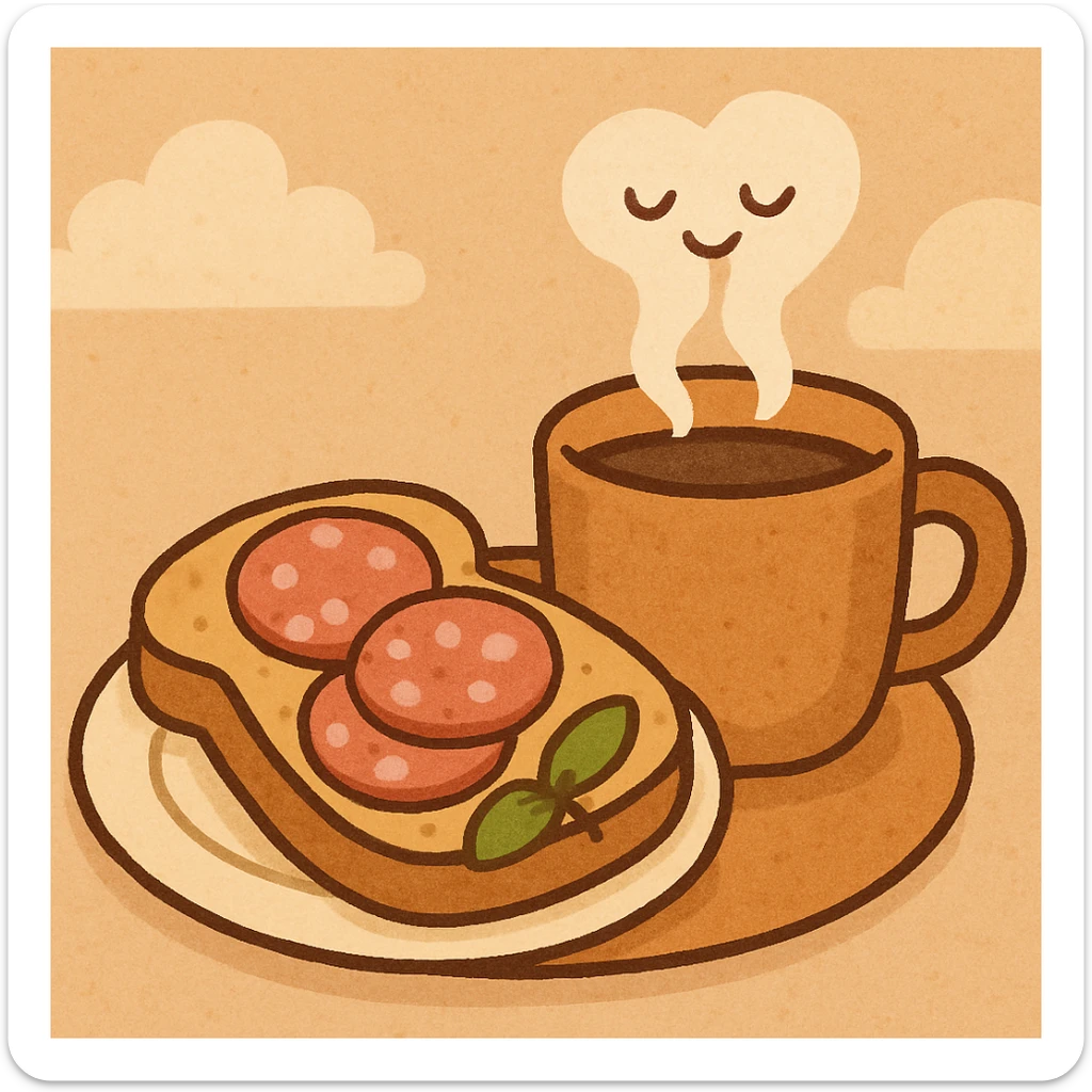 a plate with salami bread and a steaming mug of coffee, cozy morning vibe sticker