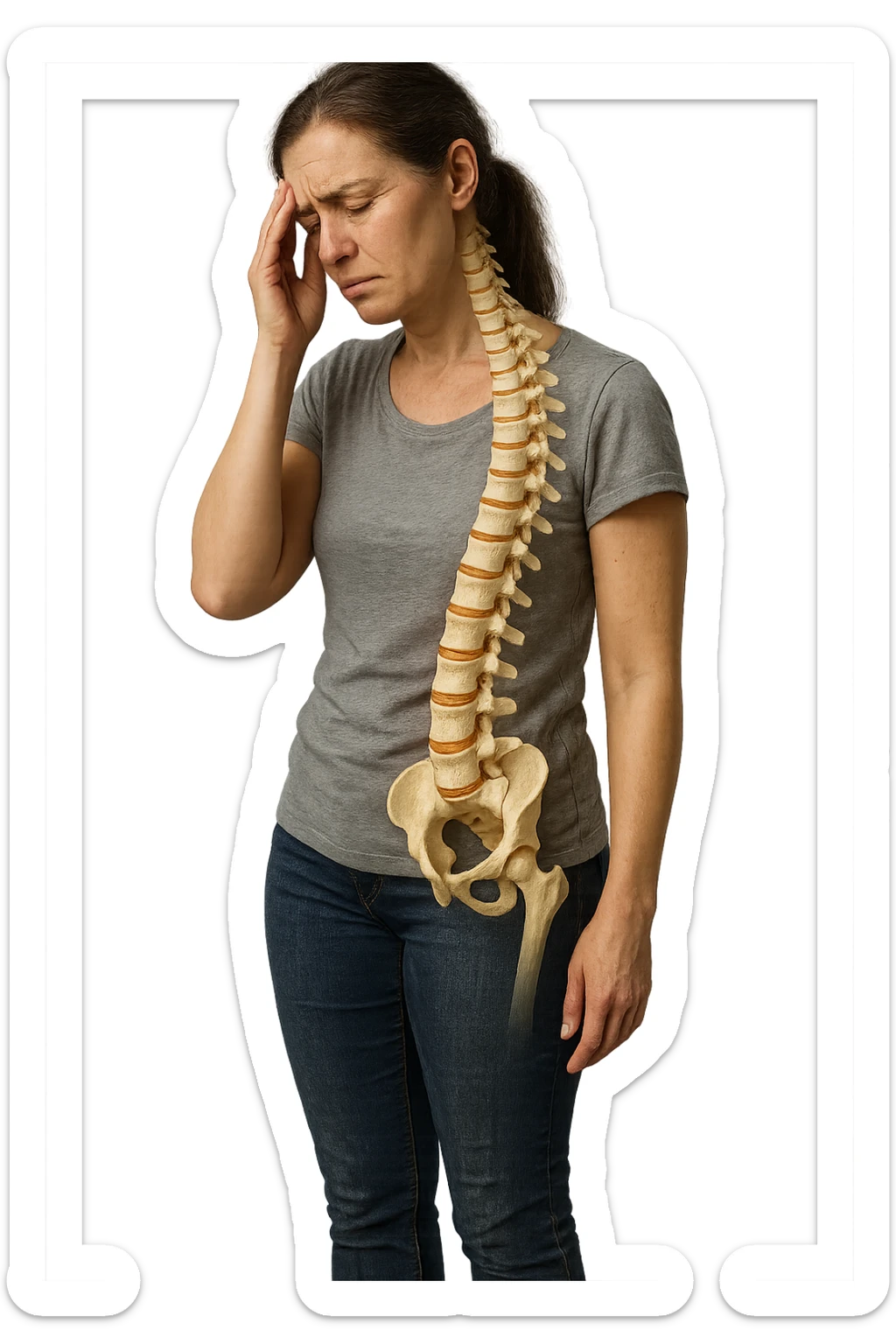 donna stanca a figura intera che si tiene una mano sulla tempia con spina dorsale anatomica visibile, iperrealistico 4k sticker