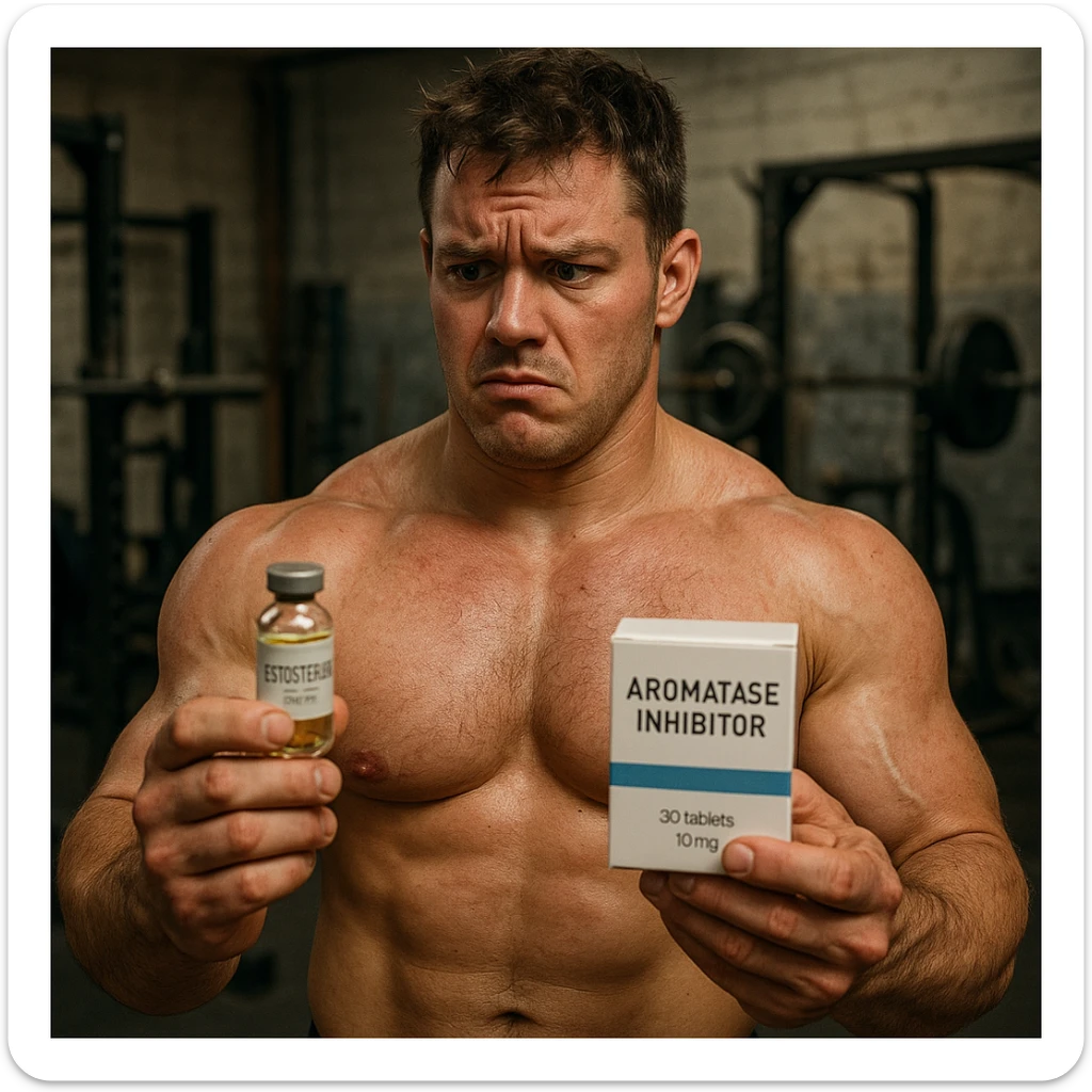 realistic young bodybuilder in gym holding a vial of testosterone and a box of aromatase inhibitor, doubtful expression, swollen muscles but red skin, messy gym background, 4K quality sticker