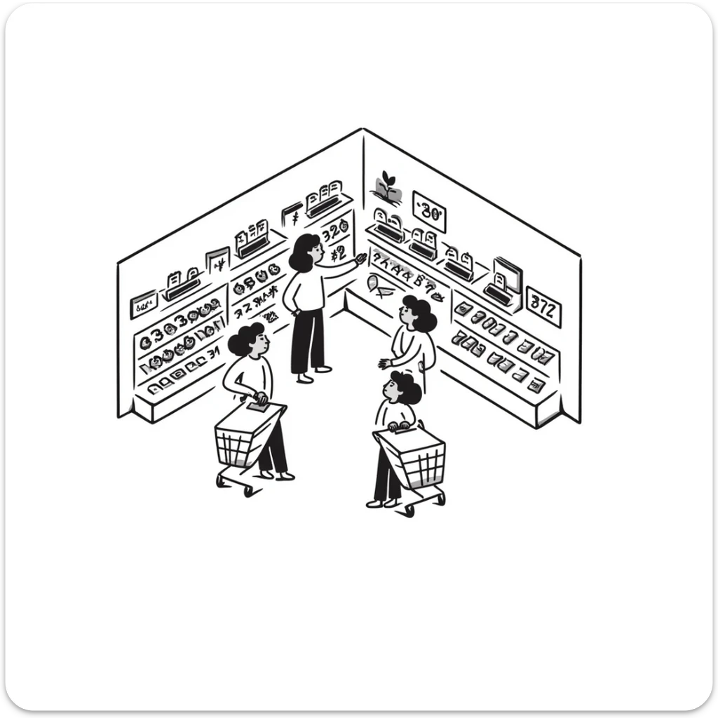 Isometric view of a supermarket interior with grocery aisles, shoppers, and cash registers sticker