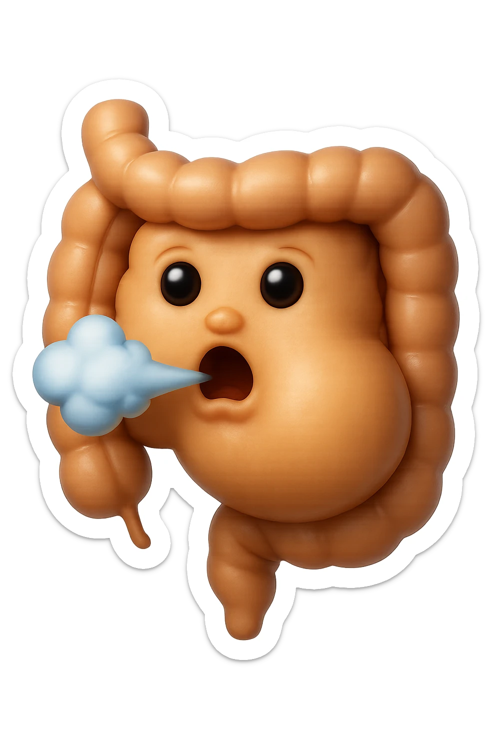 emoji stile iphone di un intestino che ingoia una nuvoletta di aria ben visibile e gli si gonfia la pancia, non fargli il naso, iperrealistico 4k sticker