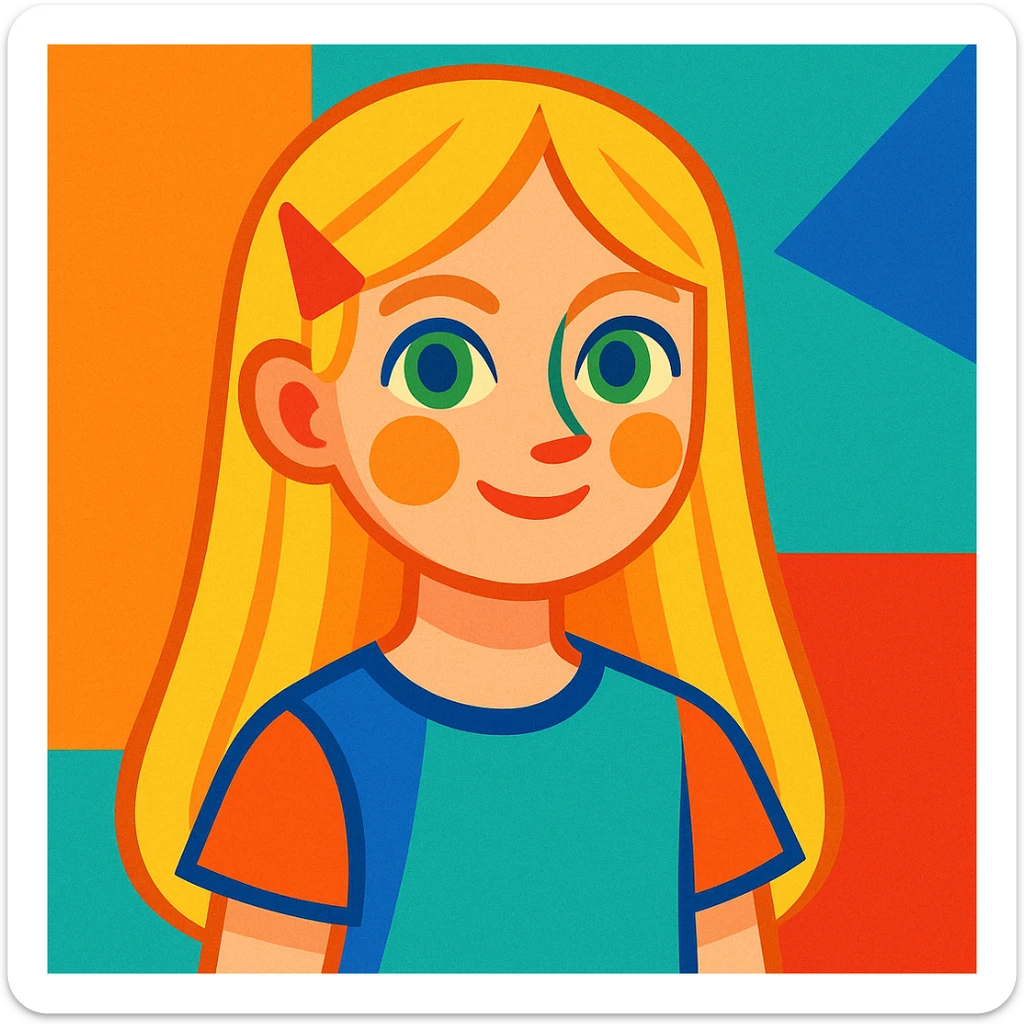 blonde girl, long straight hair, green eyes, colorful illustration style sticker