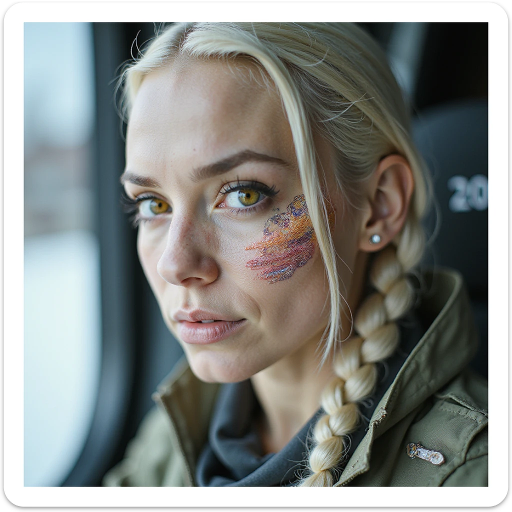 close up of a "20 crisp" banknote. futuristic, cyberpunk. stellar and planetary style designs adorn the bill. the face pictures is a woman in her 20's, gold yellow eyes, white hair in a single long braid, side of head shaved. she wears a military flight bdu sticker