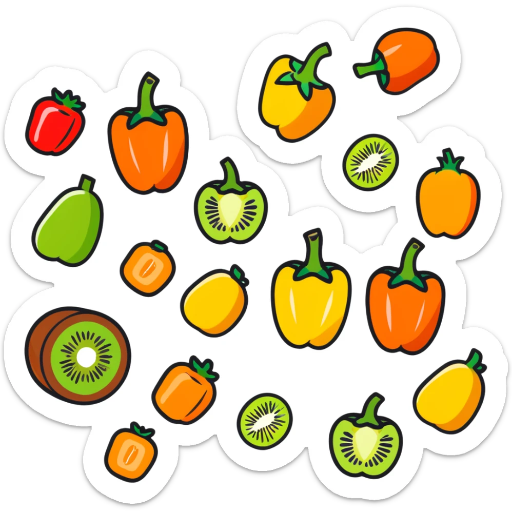 Various vitamin C rich foods: orange, kiwi, strawberry, bell pepper sticker