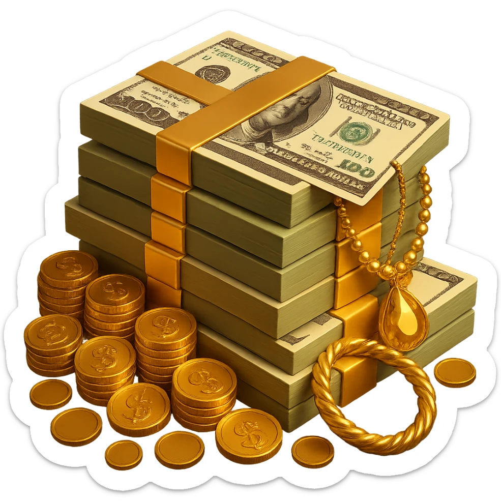 Make the stack of money look richer, add gold coins, jewelry, and a luxurious feel. The original style is 3D emoji style, but 3D emoji style does not support editing, so please keep the luxurious feel consistent with 3D emoji style. sticker