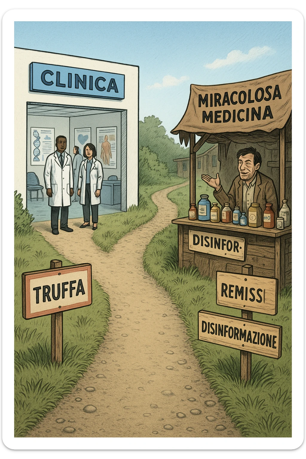 two paths diverge—one leads to a trustworthy clinic with doctors and scientific posters, the other to a shady stand selling “miracle” medicines with exaggerated claims. Signs along the second path warn of scams and misinformation. The scene encourages viewers to choose reliable, science-based healthcare. in italiano sticker